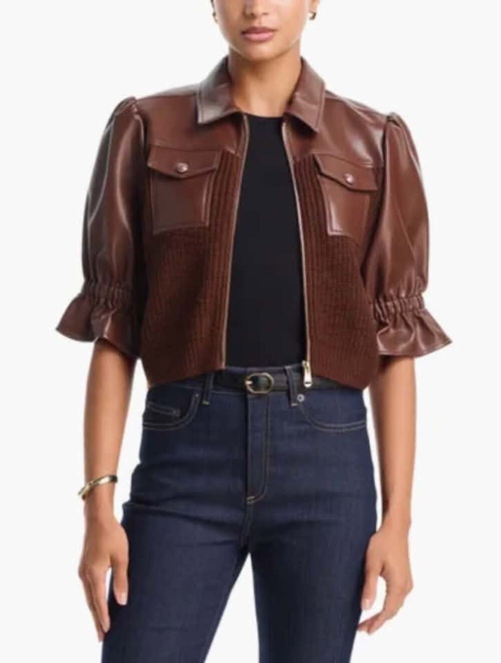Cinq a Sept Holly Mixed Media Jacket Brown Chocolate Leather size XXS 2XS